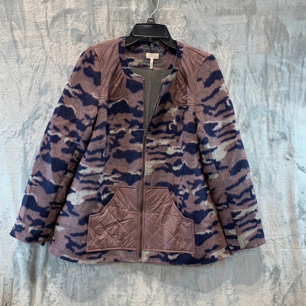 LOGO Lori Goldstein Mixed Media Camo Quilted Zip Jacket Purple Navy Size 4